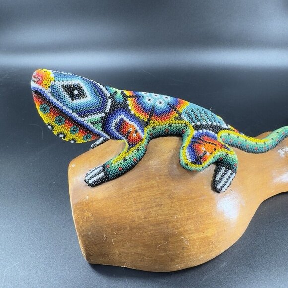 Mexican Folk Art Beaded Lizard On Pottery Wall Hanging Vase Vessel Alebrije VTG - Picture 7 of 15